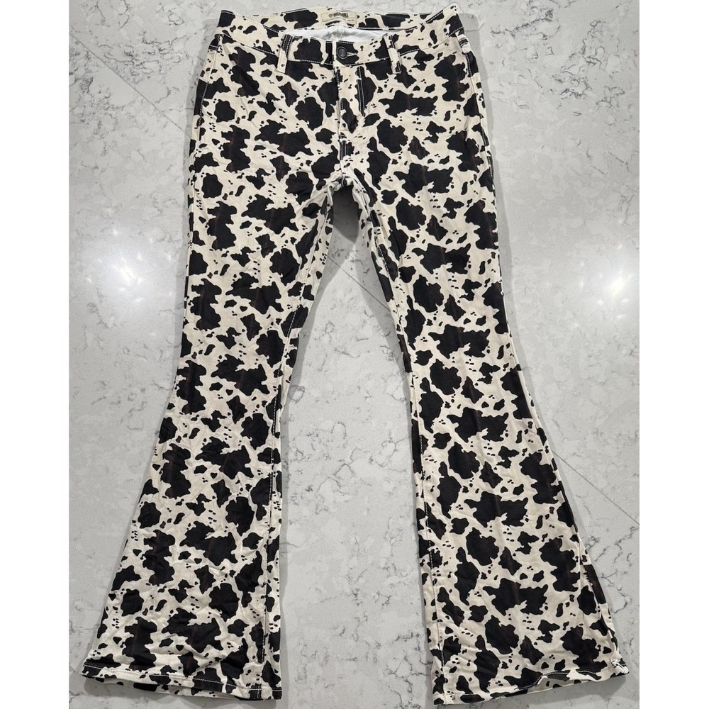 Rock & Roll Bargain Button Flare Jeans Womens 30x34 Cow Print High Rise Denim
